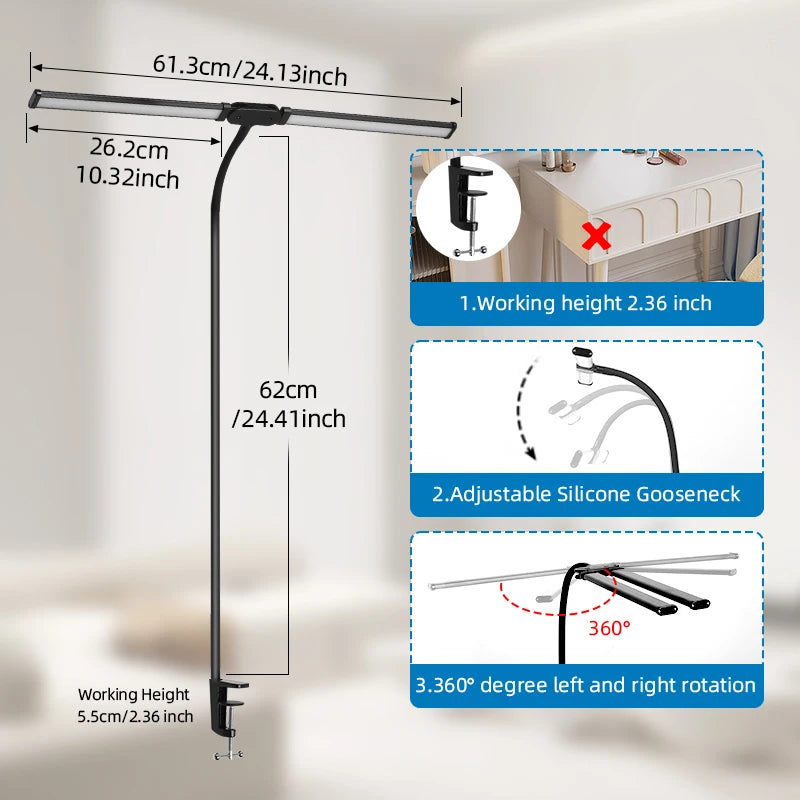 Double Head LED Desk Lamps Led Computer Monitor Light Stepless Dimmable USB Table Lamp for Office Study Reading Lighting Fixture