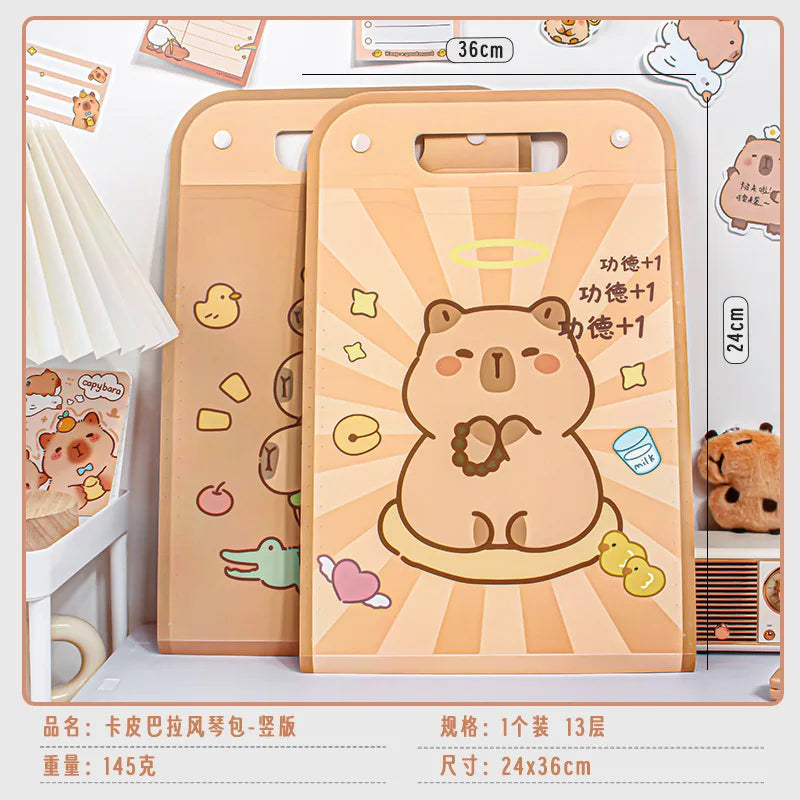 Vertical Accordion File Folder with Capybara Cartoon Print, Large Capacity for Test Papers, Student Tote Bag with Handle