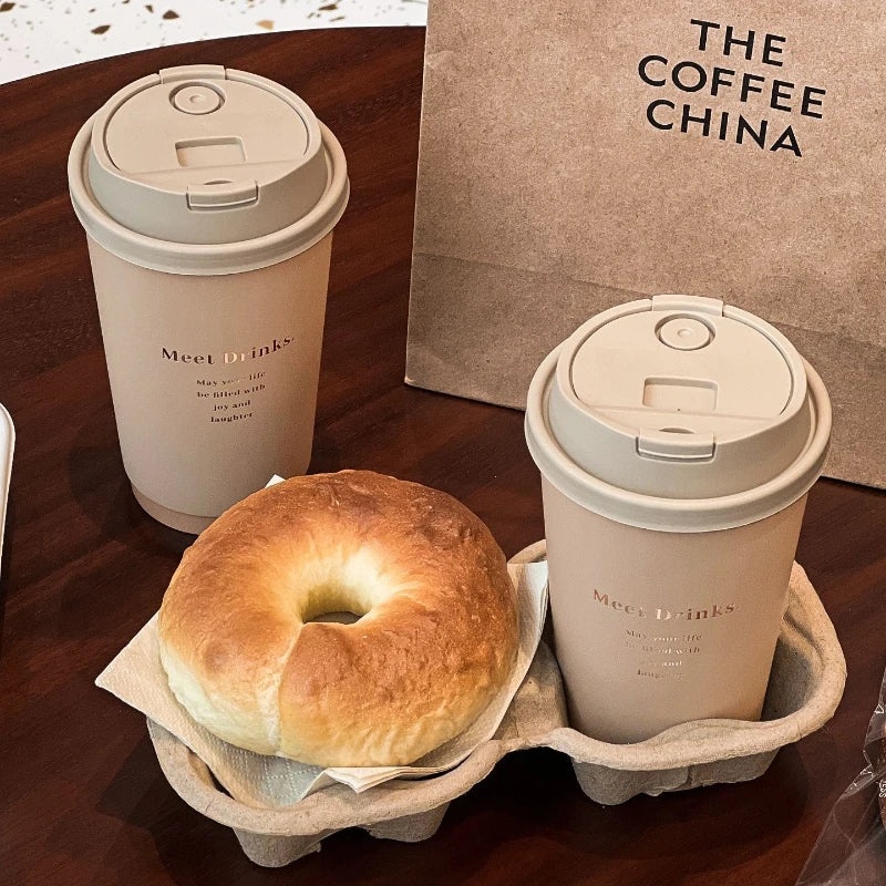50 Sets Disposable Paper Cups with Lid Commercial Eco Friendly Hot Cold Drinks Universal Container Brown Letter Print Coffee Cup
