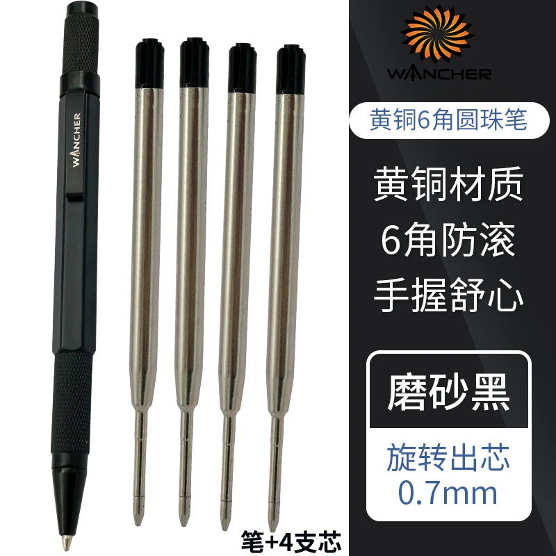 WANCHER Ballpoint Pen Original Hexagon Brass Metal Rotary Black 0.5mm Refill Replaceable W1558 Office School Stationery