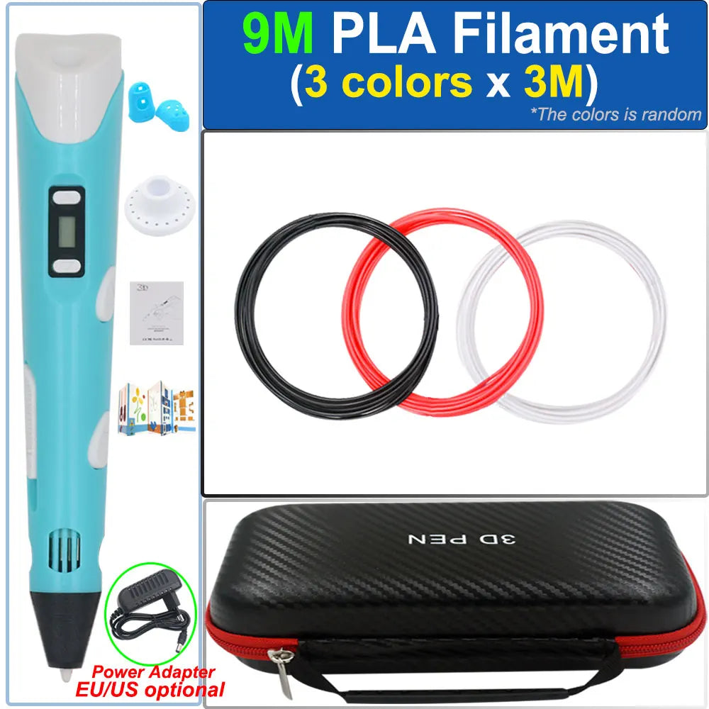 Children's 3D Pen 3D Drawing Printing Pen with LCD Screen Power Adapter 200M PLA Filament Toy Kids Christmas Birthday DIY Gift
