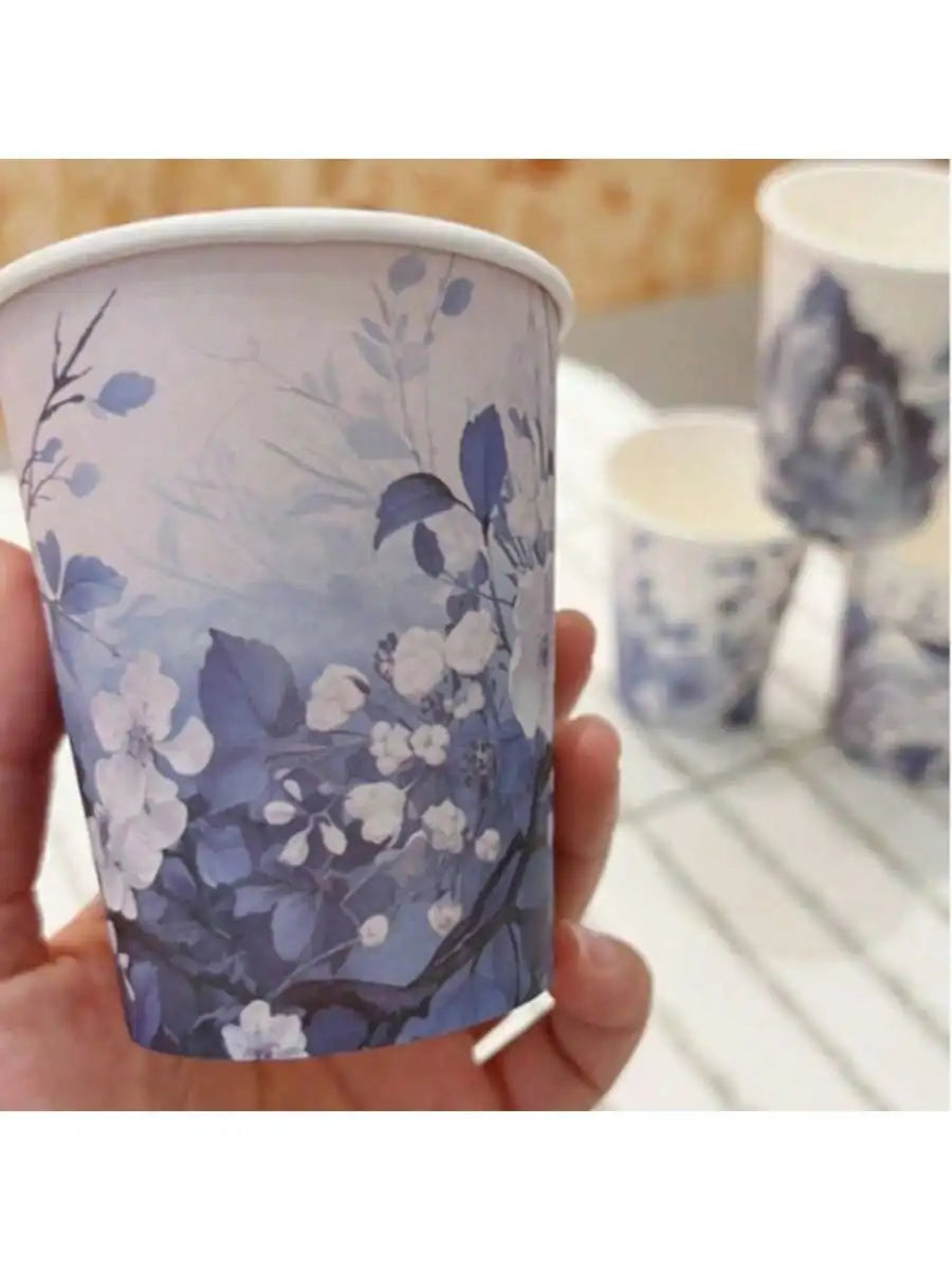 Blue and white porcelain style paper cups with different patterns, thickened office and household commercial beverage cups