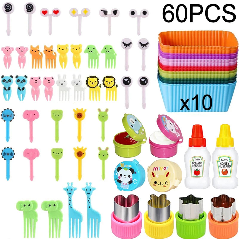Mini Fruit Forks For Children Kids Cute Animal Food Picks Snack Toothpicks With Vegetable Cutter Set Silicone Lunch Box Dividers