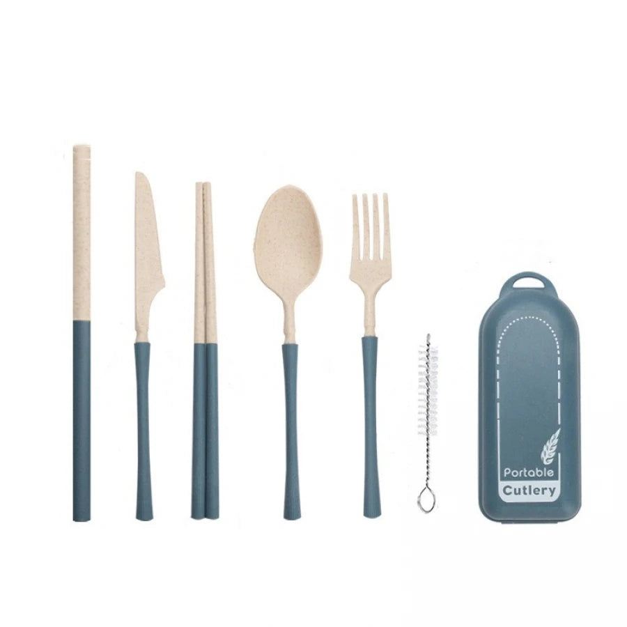 7pcs Food Grade Safe Detachable Portable Utensils Reusable Plastic Cutlery Set Box with Chopsticks Spoon Knife Fork Straw Brush