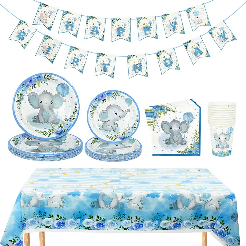Cartoon Baby Elephant Disposable Tableware Set Paper Plate Cup Napkin Kids Boys Birthday Party Decoration Baby Shower Supplies