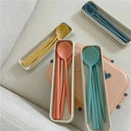 4 Pcs/Set Cutlery Wheat Straw Spoon Fork Chopsticks Box Tableware Portable Dinnerware Accessories Household Fashion Tableware