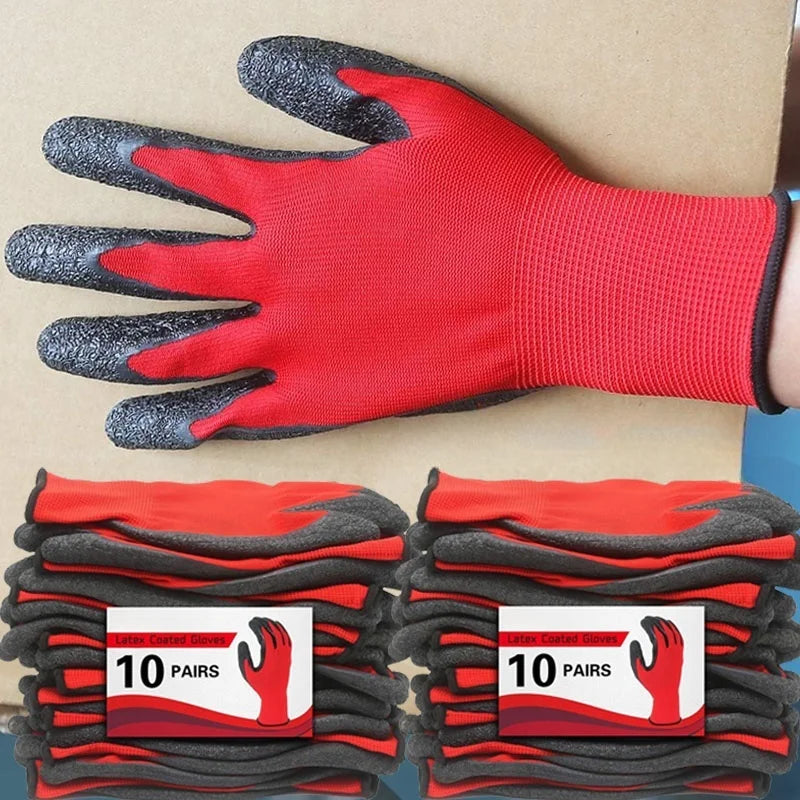 1/10pairs Non-slip Thicken Latex Rubber Safety Work Gloves Palm Coated Gloves Mechanic Working Gloves for Garden WorkTools