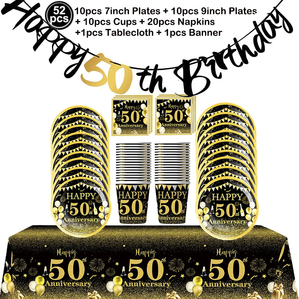 50th Birthday Party Supplies for Men Women Black and Gold 50 Years Old Party Paper Plates Cups Napkin Tablecloth Tableware Decor