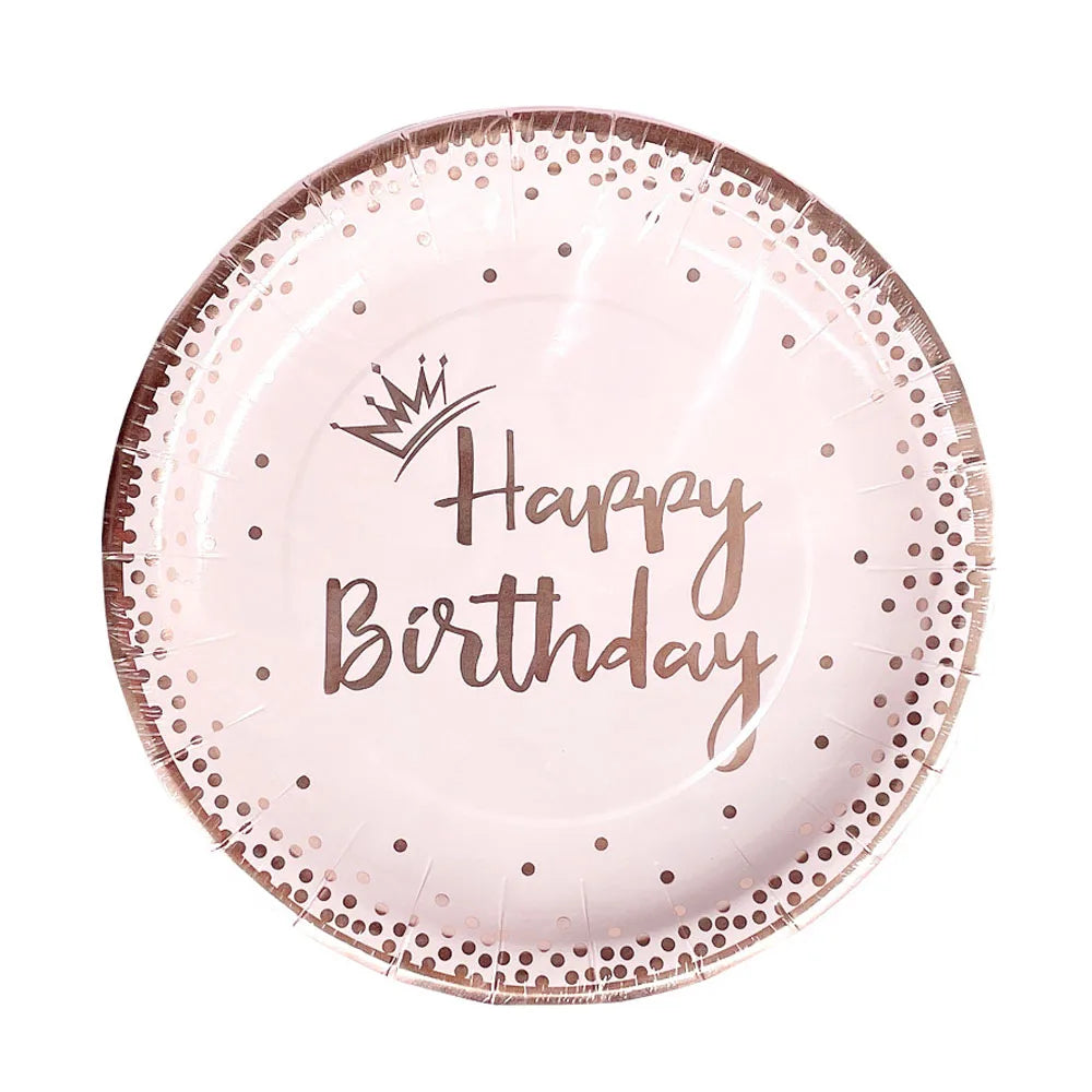 New Rose Gold Birthday Party Paper Tableware Disposable Set,Come with Dining Plate,Napkin Cup and Straw Party Supplies Tableware
