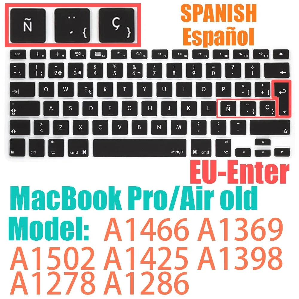 Keyboard Protective Film Silicone for 12-16' MacBook Air/Pro M1 M2 M3 Spanish Keyboard Cover Soft Protection Accessories Black