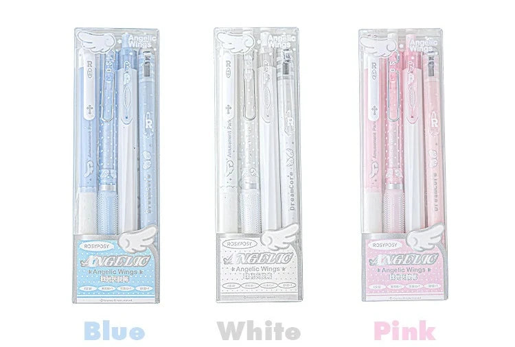 4pcs/set Pearl Angel Gel Pen Set Cute Exam Pens with Wing Design Kawaii Cartoon 0.5mm Black Ink for Kids Back To School Student