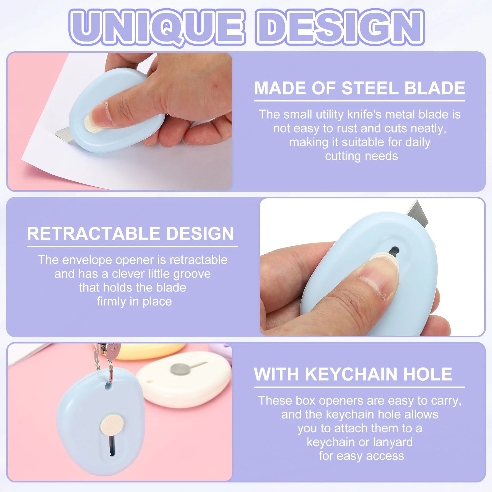 4/8Pcs Mini Box Cutters Retractable Small Utility Knife Portable Cute Letter Envelope Opener with Keychain Hole Office Supplies