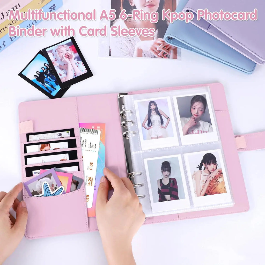 New A5 PU Leather Binder Cover with Magnetic Buckle Closure, 6 Ring Personal Notebook for Organizing Planner, Photo Card Sleeves