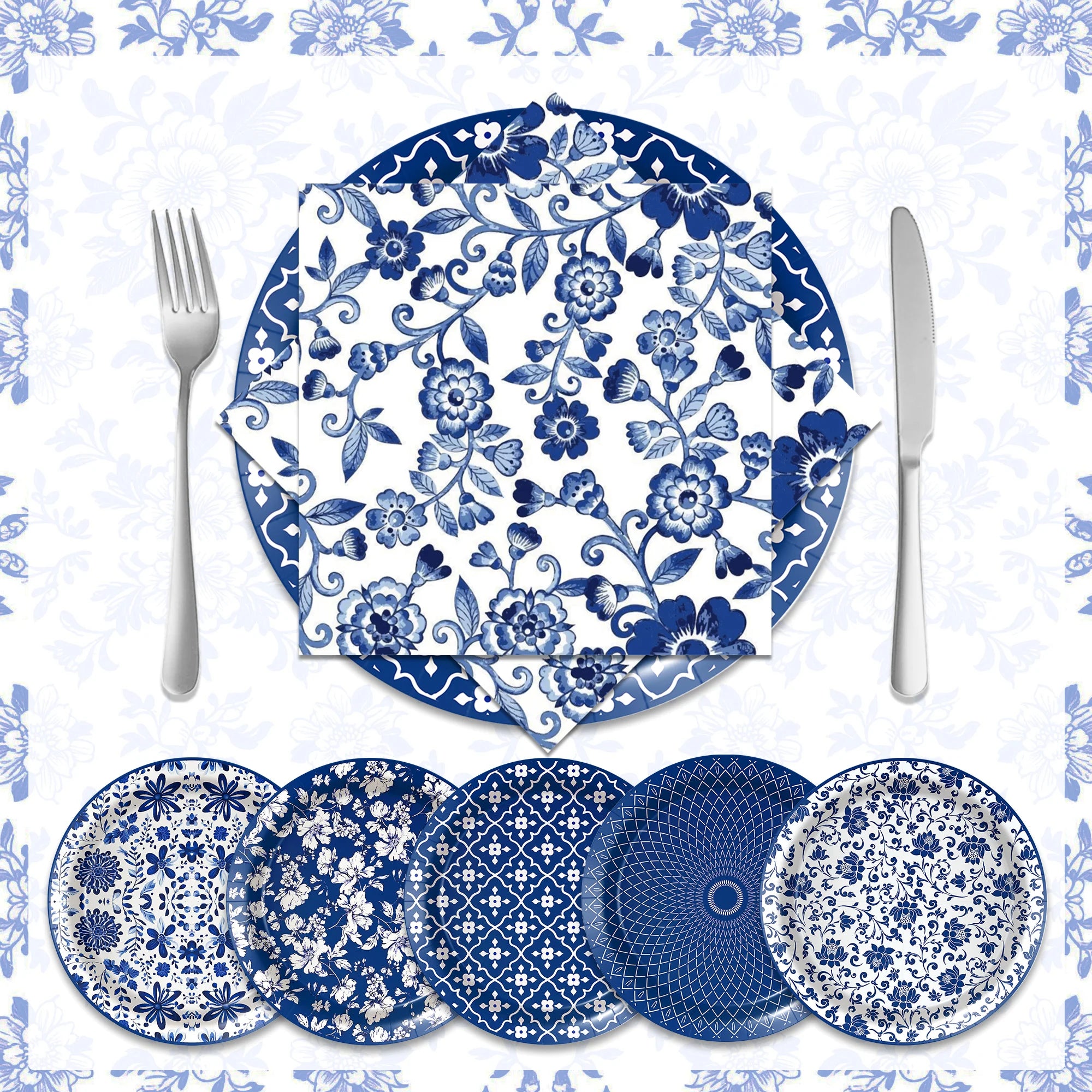 Blue and White Porcelain Paper Plates Napkins,Tableware For Birthday Decoration Wedding Decoration,Table Decor Party Supplies
