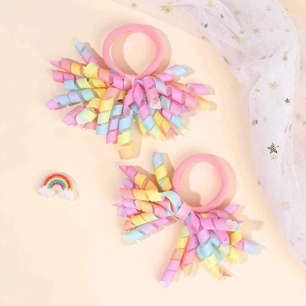 2Pcs Trendy Firework Hair Ties Rainbow Curly Ribbon Elastic Rubber Bands For Girls Kids Cute Hair Ropes Daily Hair Accessories