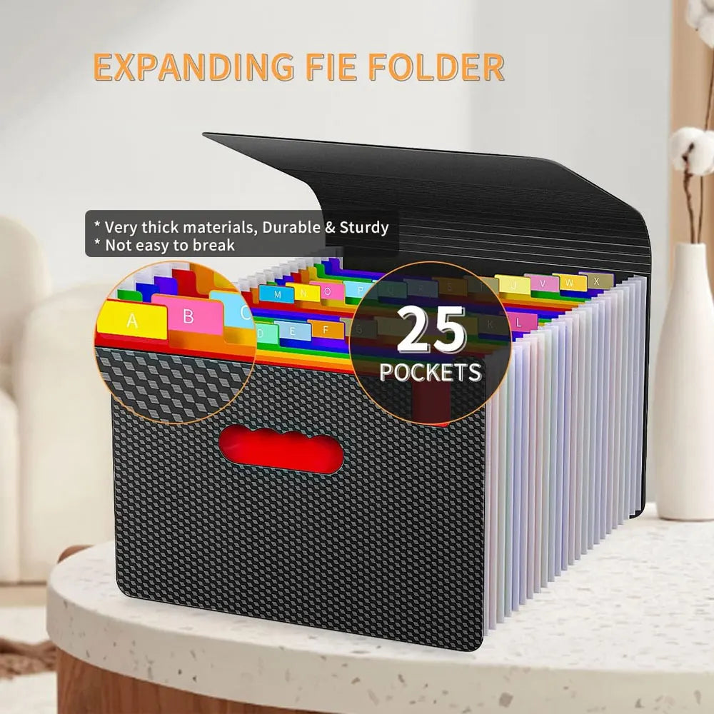 Expandable document folder, 25-pocket accordion-style document organizer with handle, suitable for document organization.