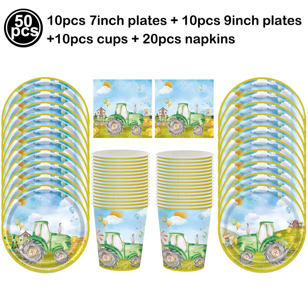  Green Tractor Birthday Party Supplies Farm Tractor Paper Plates Cup Napkins for Tractor Birthday Party Decoration Supplies
