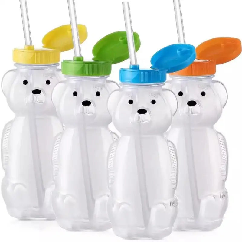 Cute Bear Shaped Bottle Plastic Drink Container Cartoon Honey Bear Straw Cup with Flexible Straws for Milk Juice Honey Storage