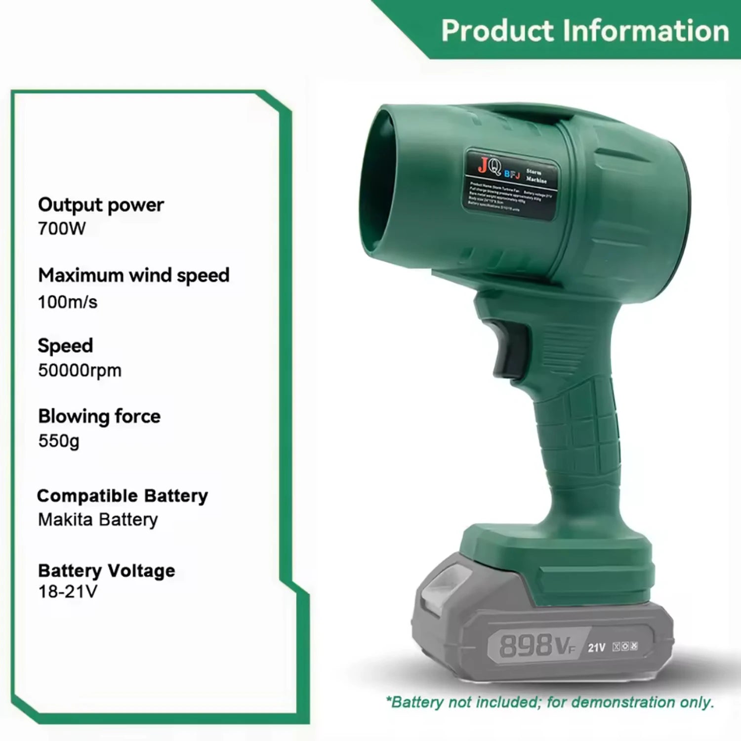 Powerful Air Blower Turbo Fan with Thrust 550g to Cleaning Fallen Leaves, Snow and Sand Requires 18V Makita Battery