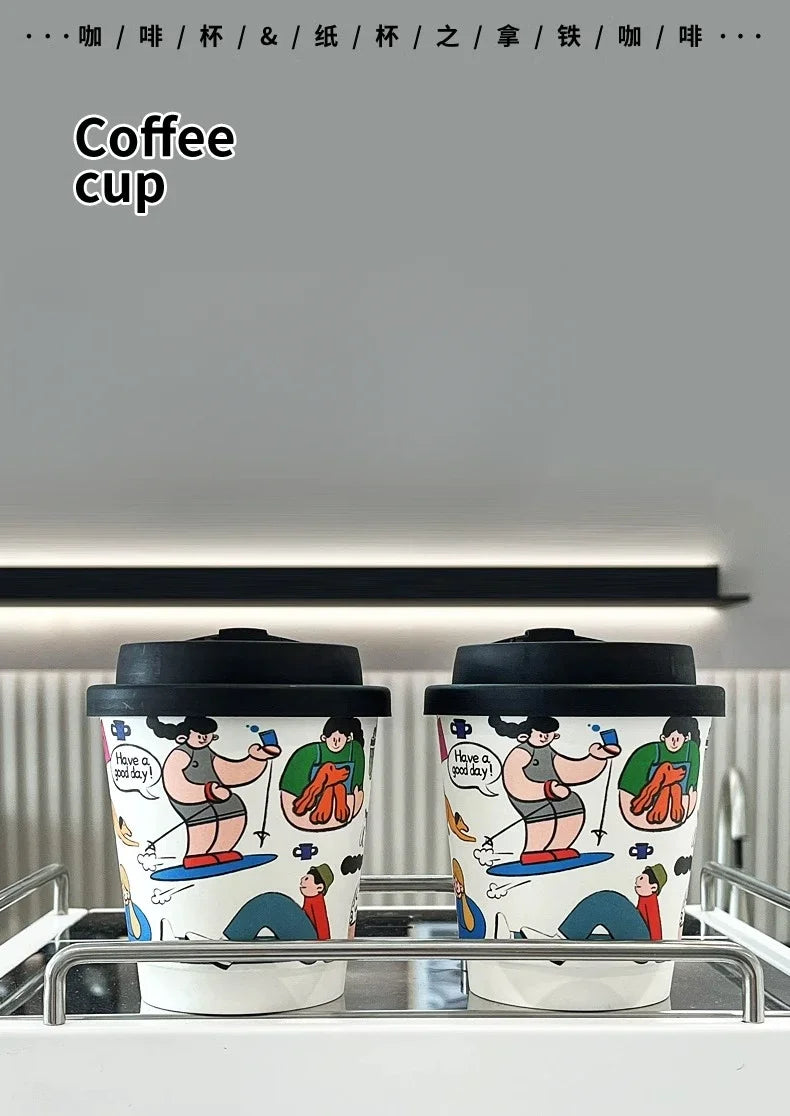 50pcs Cartoon Graffiti Coffee Cups 90 Caliber Disposable Fresh Milk Juice Paper Cup Milk Tea Hot Drink Takeaway Packaging Cup