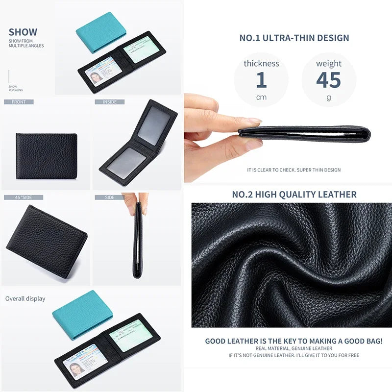 Thin Minimalist Bifold Design Driver's Licence Cover Genuine Leather ID Badge Window Slot Credit and Debit Vaccinum Cards Holder