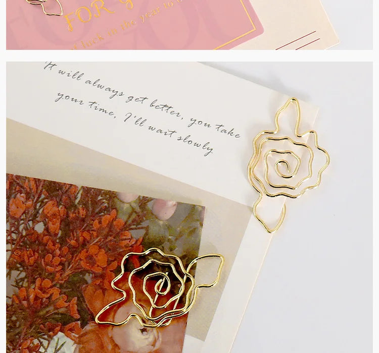 10pcs Gold Rose Flower Paper Clip Wholesale Metal Diy Flower Planner Stationery Supplies Bookmark Gift Shaped Paper Clips