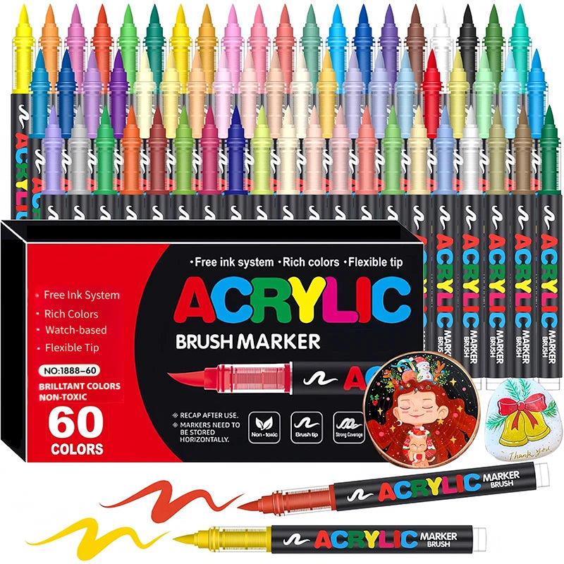 48 Colors Soft Brush Tip Acrylic Markers Pen Set, Paint Pens for Rock, Wood, Fabric, Glass, DIY Crafts, Waterproof Paint Markers
