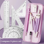 Kawaii 9pcs Ruler Set for Exams Geometry Compass Straight Edge & Protractor Portable Math Drawing Tools Stationery Supplies