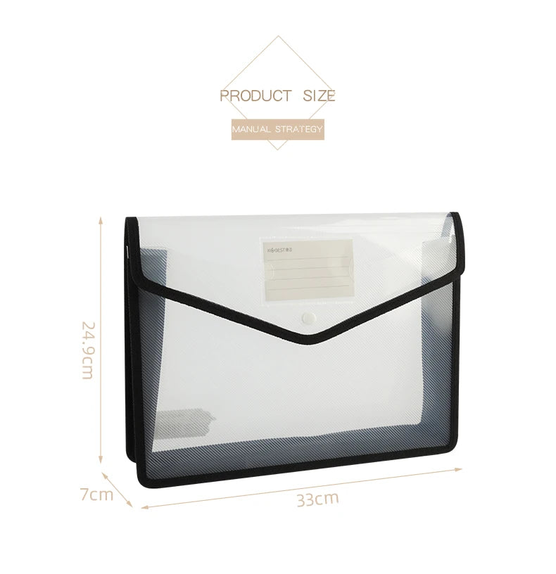 1Pcs Transparent A4 Waterproof File Folder with Press Button Plastic Document Bag for Data Storage Office Supplies