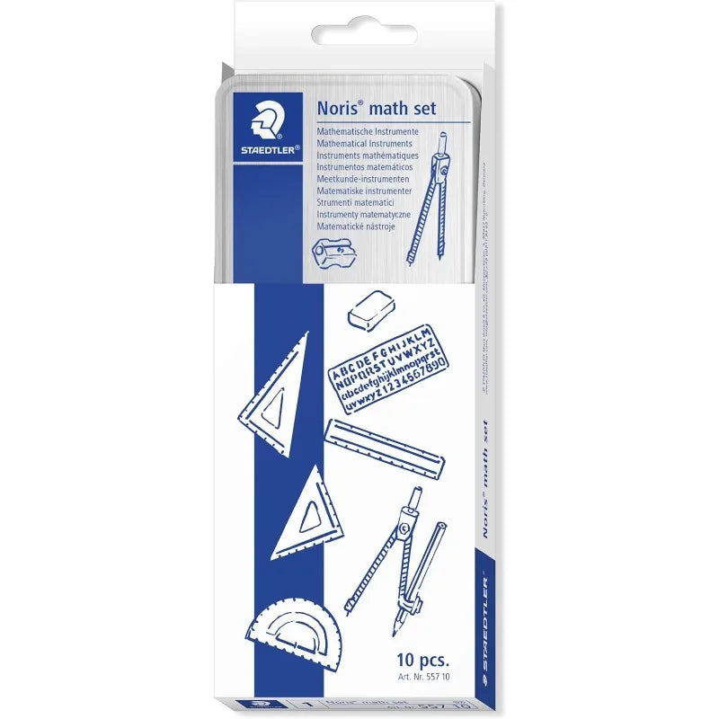 STAEDTLER 10-Piece Math Set with Metal Compass, 6" Ruler & Triangle Squares, 45° & 30/60° Set Squares, Alphabet Stencil Tool