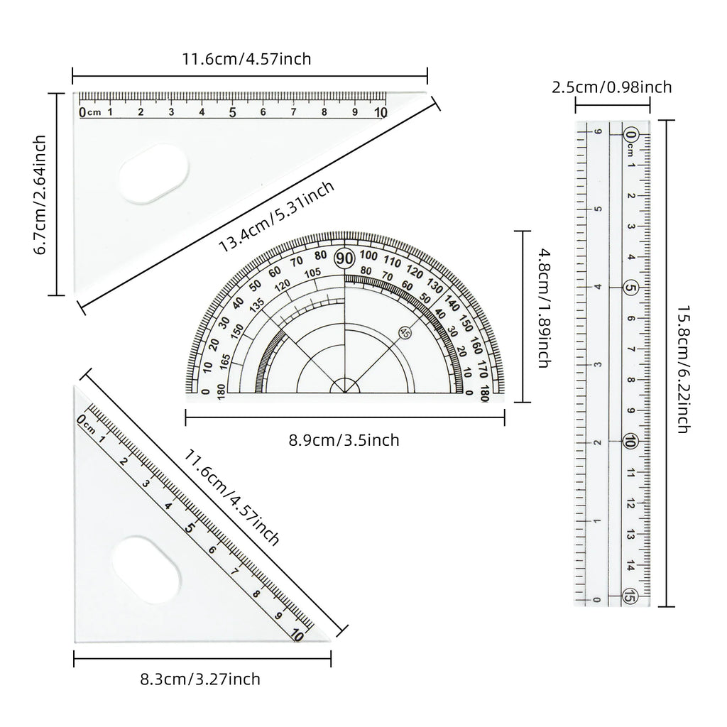 Frosted Ruler Set with Clear Scale - Drawing and Drafting Rulers with Triangle and Protractor for Accurate Measurement