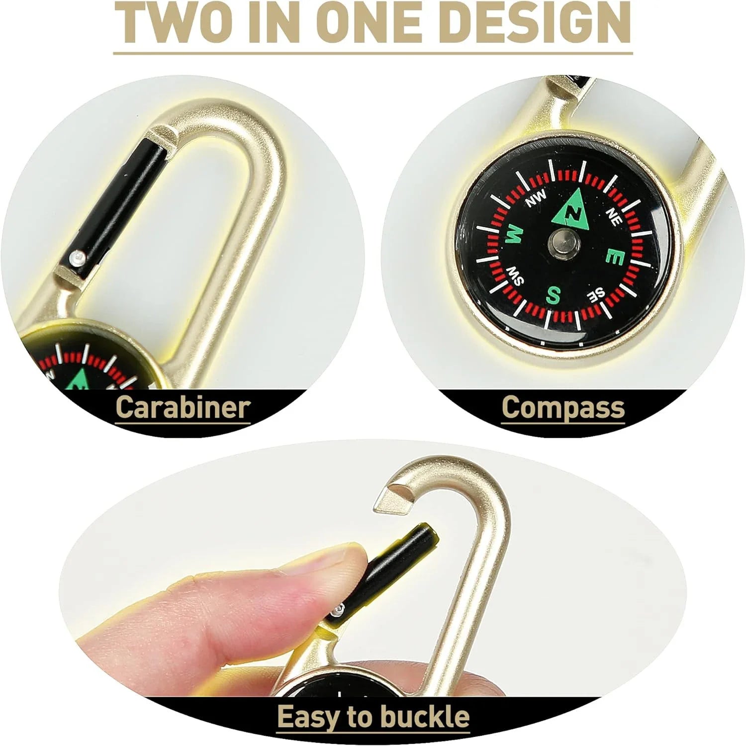 1 Pc Compass Thermometer Carabiner 3 in 1 Mini Compass Carabiner Clip Outdoor Hiking Survival Key Ring Double Sided Metal