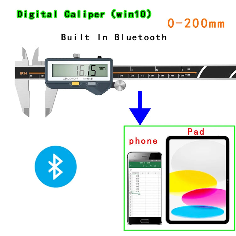 Built-in Bluetooth Digital Caliper for Wireless Transmission Electronic Caliper for Measuring Outer Diameter Inner Diameter 150m