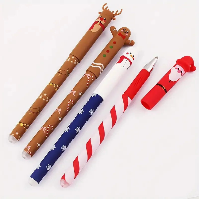 4 Types of Christmas-Themed Erasable Gel Pens Featuring Designs of Santa Claus, Snowmen Reindeer Gingerbread Erasable Pens
