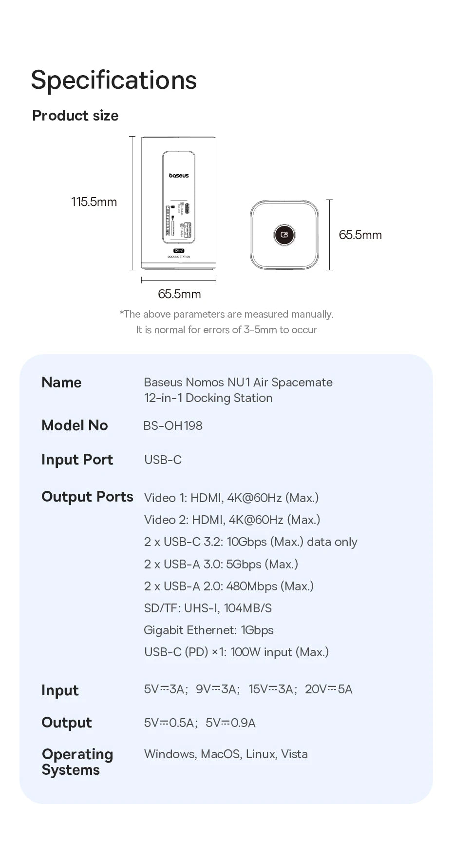 Baseus 11-IN-1 USB C HUB HDMI DP 4K@60Hz MST Triple Display USB 3.2 Splitter with RJ45 3.5mm Mic PD100W Magnetic Docking Station
