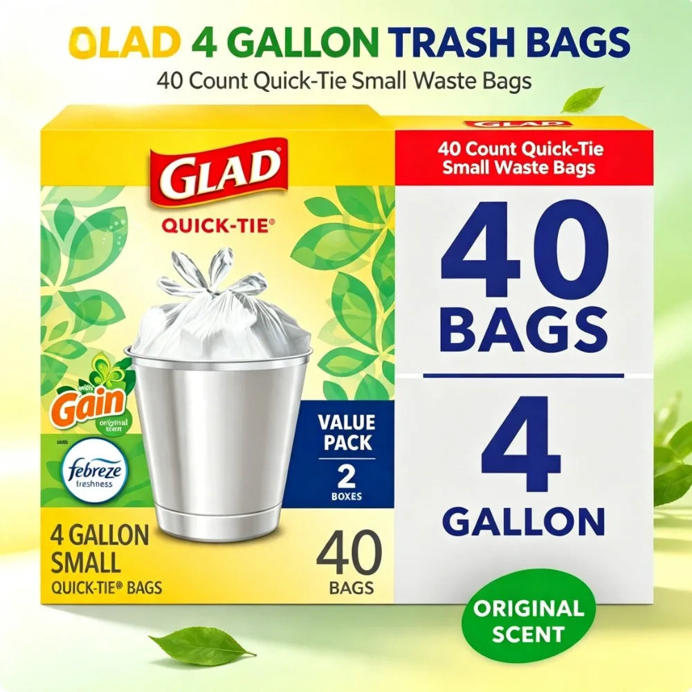 Quick‑Tie 2‑Pack Scented Small Trash Bags, 4 Gallon Capacity, Gain Original Fragrance, Drawstring Garbage Bags for Bathroom Kitchen Home Use, 20 Bags Each