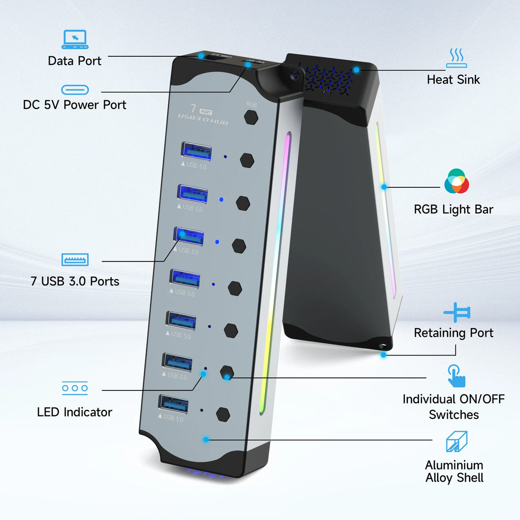 10 in 1 Powered USB HUB USB 3.0 Interface Individual Switch RGB E-Marker Heat Dissipation Design DC 5V Power Supply Adapter