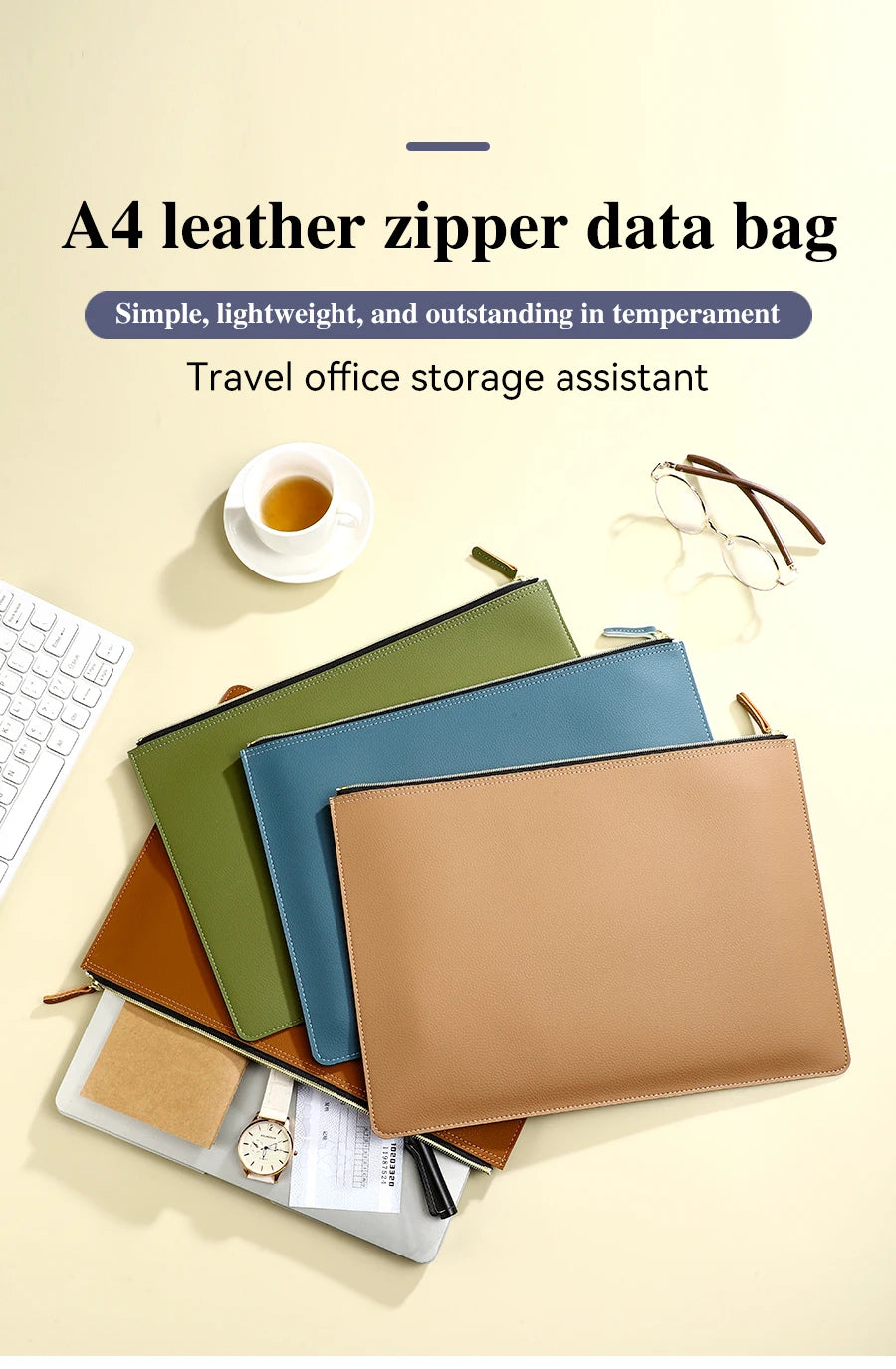 Leather Business A4 File Folder Zipper Document Bag Contract File Organizer Briefcase Portfolio,Bag For Contract/Invoice Storage