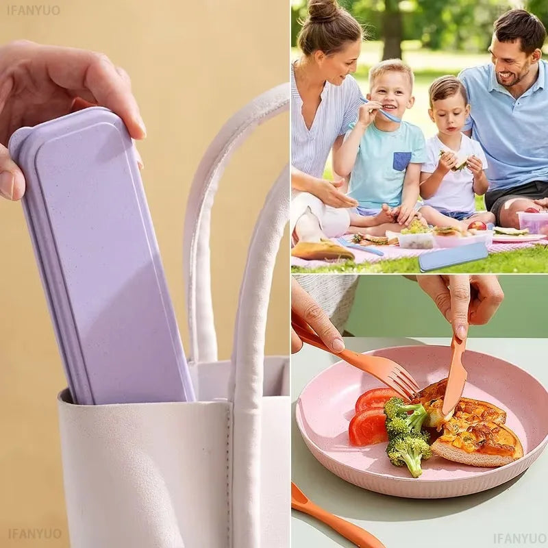 Portable Wheat Straw Dinnerware Set Reusable Knife Fork Spoon Travel Utensil Box 3In1 Tableware Kit For Tableware School Office
