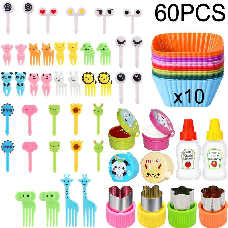Mini Fruit Forks For Children Kids Cute Animal Food Picks Snack Toothpicks With Vegetable Cutter Set Silicone Lunch Box Dividers