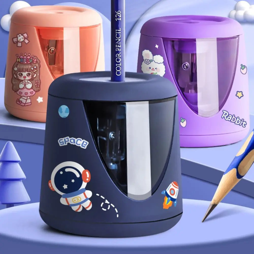 Cartoon with Decorative Sticker Switch Automatic Electric Pencil Sharpener Creative Stationery Mechanical Tool
