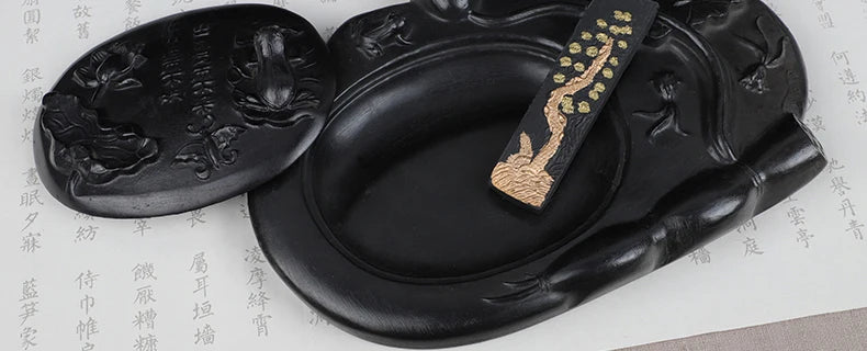 Carving Ink Stone Lotus Shaped Natural Calligraphy Rock Grinding Inkstone Plate Chinese Painting Calligraphie Strong Ink Inkslab