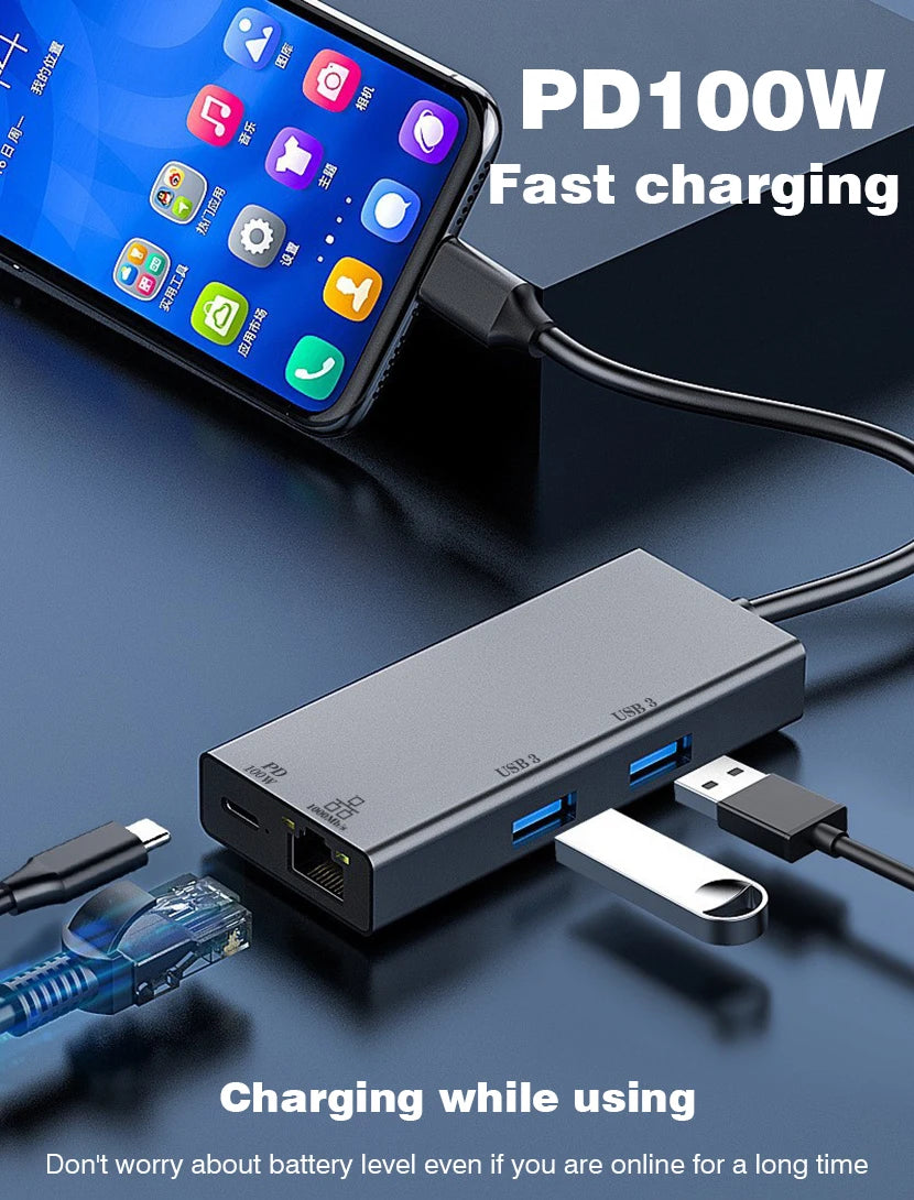USB C HUB Docking Station Type C to RJ45 1000Mbps Ethernet Adapter USB3.0 HUB Gigabit Network Card 100W Charging Dock Extension
