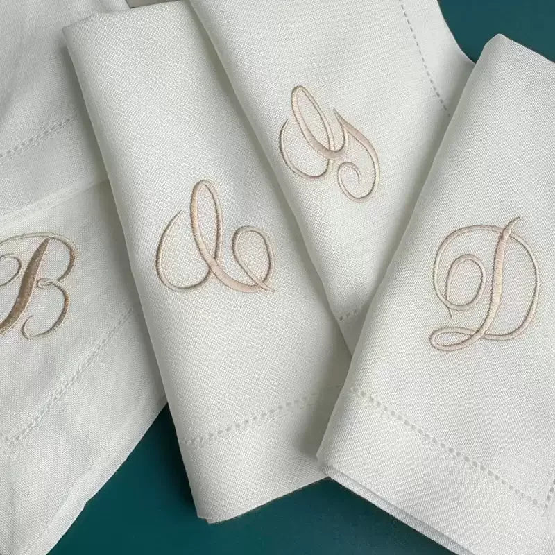 Script Font Monogram Embroidered White Dinner Cloth Napkins, White Housewarming Gift Wedding Event Napkin