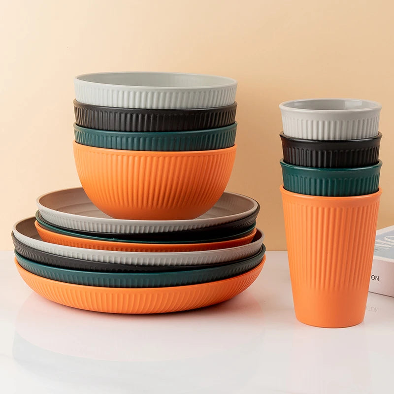 4/16Pcs Wheat Straw Tableware Set Eco Friendly Unbreakable Dinnerware Kitchen Cutlery Kids Dishes Eating Cutlery Camping