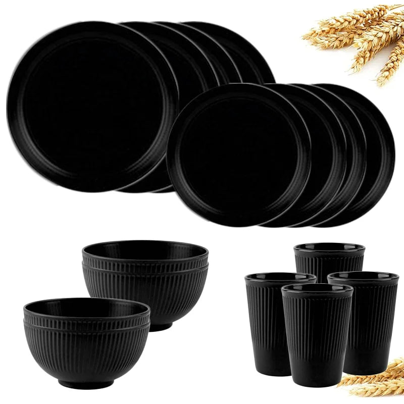 4/16Pcs Wheat Straw Tableware Set Eco Friendly Unbreakable Dinnerware Kitchen Cutlery Kids Dishes Eating Cutlery Camping