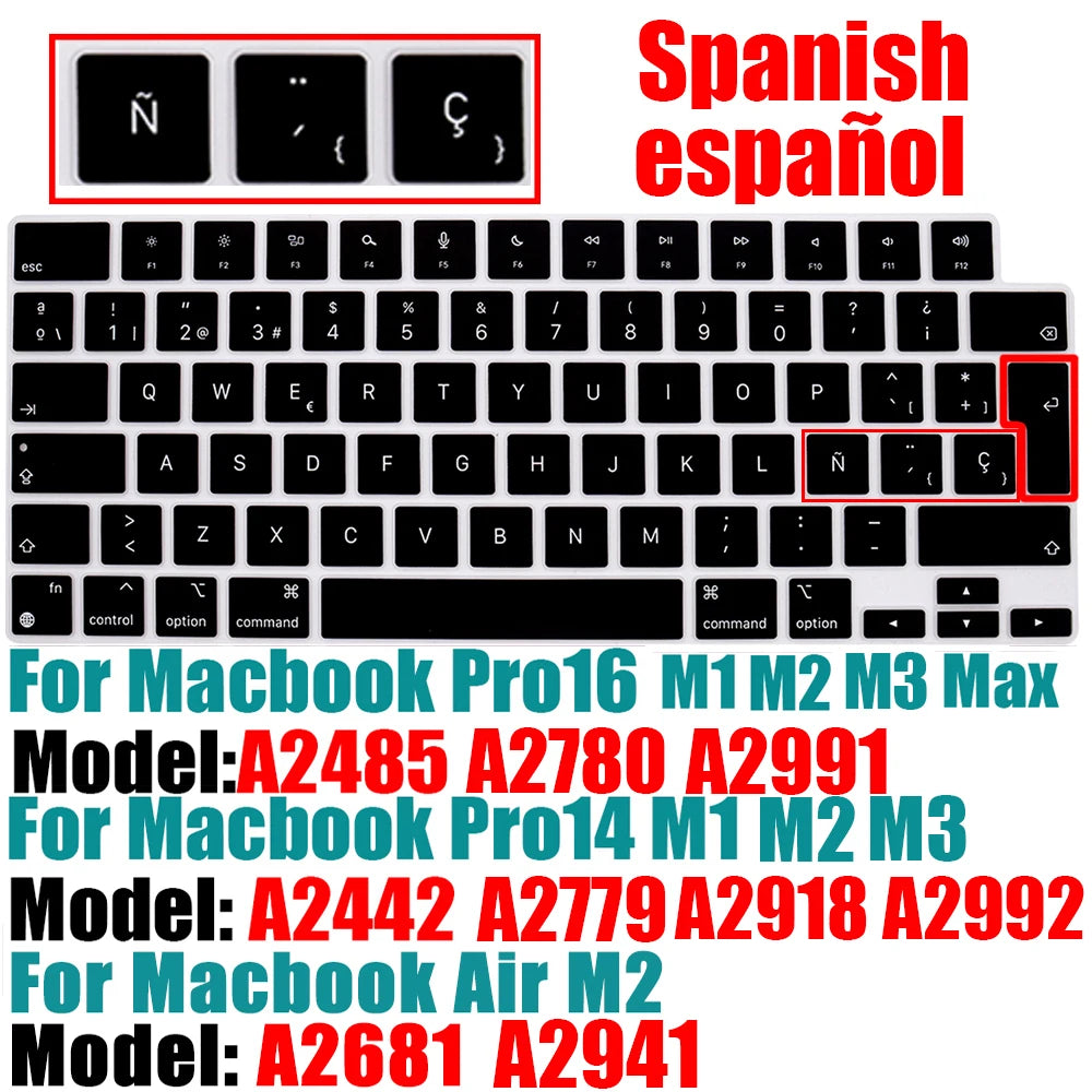 Spanish Keyboard Cover for MacBook Air 13.6 15.3 inch A2681 A2941 A2337 M3 M2 M1 Pro14" 16" A2442 A2779 A2918 A2992 A2485 A2991