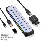 10 in 1 Powered USB HUB USB 3.0 Interface Individual Switch RGB E-Marker Heat Dissipation Design DC 5V Power Supply Adapter