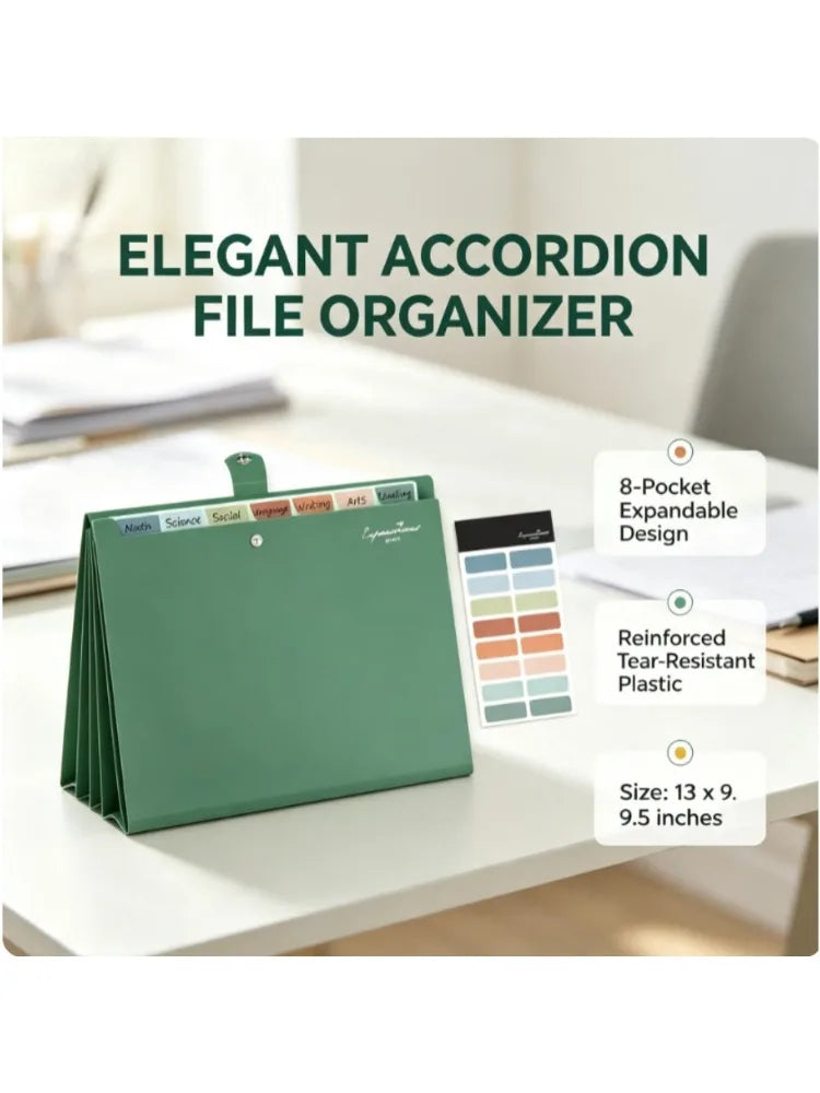 8 Pocket Expanding Accordion File Organizer | Letter Size Dark Green Folder | Portable Document Storage With Classification Labels