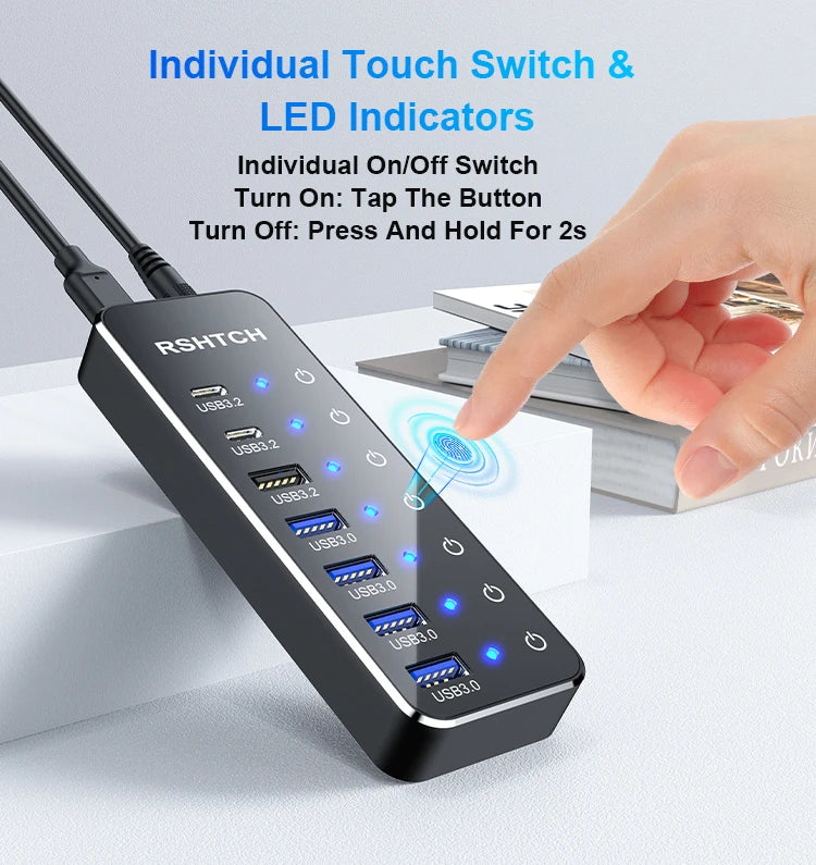 RSHTECH 7-Port Powered USB C Hub with 10Gbps USB-C 3.2 Ports Individual Touch Switches 5V/3A Power Adapter Laptop USB Splitter